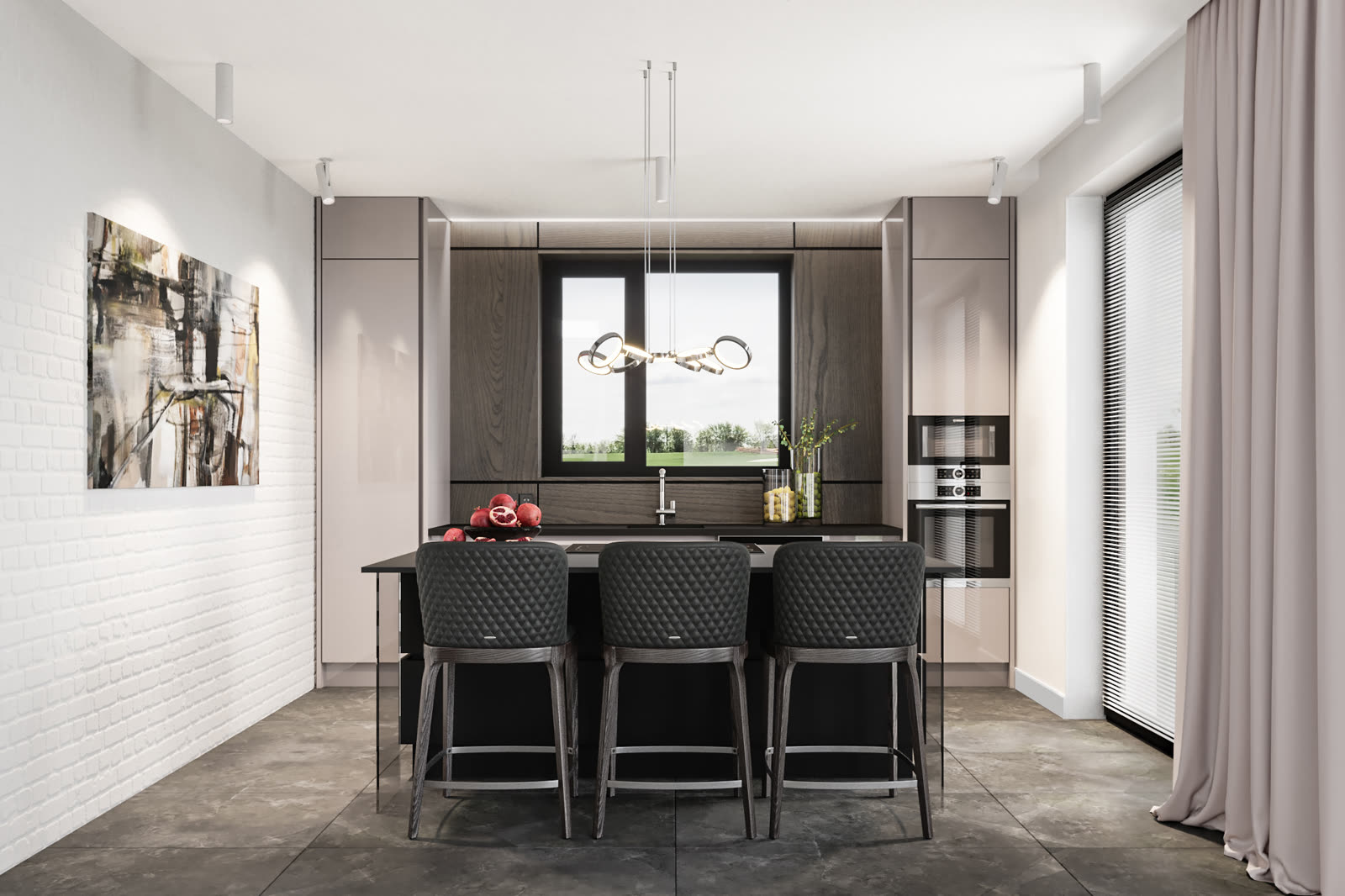 Kitchen with island and bar stools